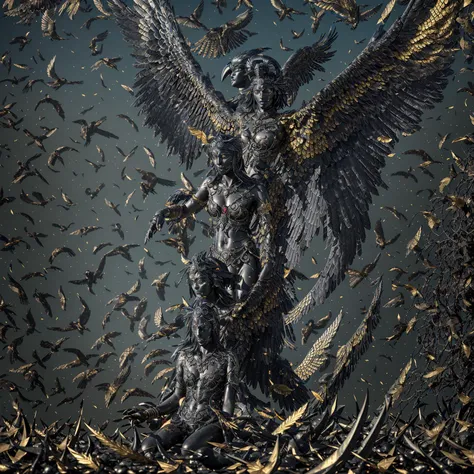 masterpiece, best quality, epic realistic, (black_marble) (goddess_statue), plate on head, (black wing:1.3), intricate detail, intricate pattern, golden dust, floating (golden cloth), detailed texture, broken glass, god light, ((crow)), ((golden birds fly)), golden rose, golden leaf, motion blur, depth of field, holographic