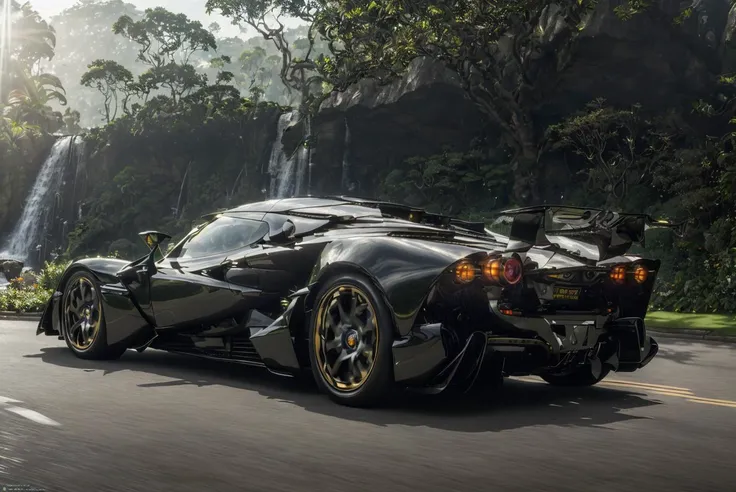 (masterpiece), (extremely intricate:1.3), (realistic), photograph of a futuristic wedge shaped compact supercar styled loosely on the Lotus Emira, the most beautiful car in the world, with a waterfall behind, outdoors, intense sunlight, professional photograph of a stunning car detailed, sharp focus, dramatic, award winning, cinematic lighting, octane render, unreal engine, volumetrics dtx