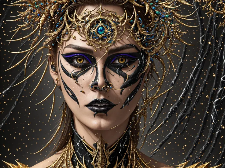 (black_marble), colorful, intricate, realistic painting, fantasy adventure visage, golden dust, fractal, sharp focus, detailed face and eyes