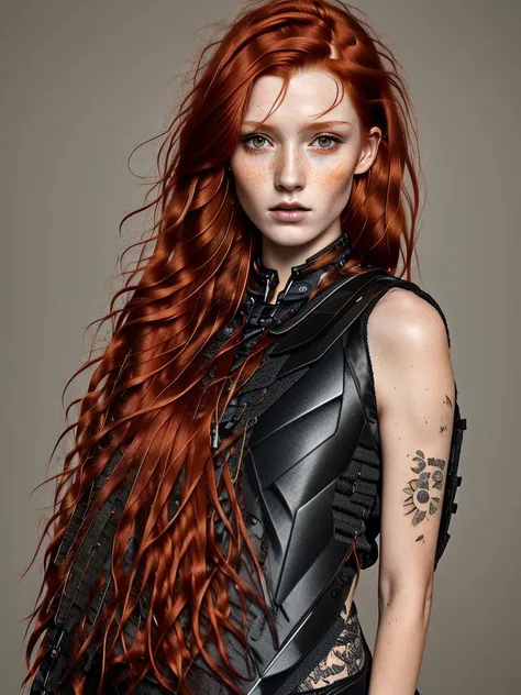 a photo of a seductive woman with loose styled, cyber punk, (redhead hair:1.2), bored, (she is wearing body armor:1.2), mascara, (tattoos:1.2), fullbody shot, (textured skin, skin pores:1.1), (moles:0.8), imperfect skin, goosebumps, flawless face, (light freckles:0.9), (sun-kissed:1.1), ((photorealistic):1.1), (raw, 8k:1.3),