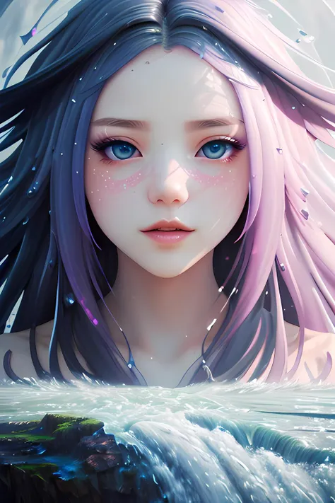 amazing (close up portrait (in perspective: 1.3)) of (only one young woman: 1.5) with straight hair and a far waterfall in the background, levitating (volumetric: 1.) liquid colorful stream of oil paint, melting skin, real skin tone, (surreal futurism: 0.4), highly detailed, fantasy art in 3D, miracle nature landscape, <lora:gothGals_v10:1> <lora:tapeGag_v10:1>