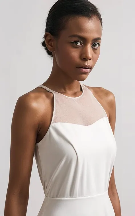 best quality, ultra high res, 8K, photorealistic:1.5, RAW photo:1.2, realistic, masterpiece, professional lighting, photon mapping, radiosity, physically-based rendering, soft lighting and shadow:1.2, natural lighting, camera flash, frontal light source, film grain, skin pores:1.2, 1girl, 30-years-old, solo, zlmodel5, upper body, white background, black dress,