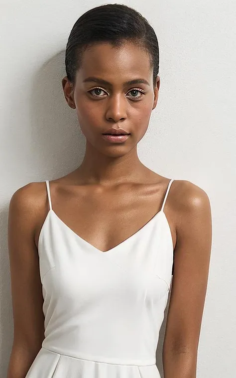 best quality, ultra high res, 8K, photorealistic:1.5, RAW photo:1.2, realistic, masterpiece, professional lighting, photon mapping, radiosity, physically-based rendering, soft lighting and shadow:1.2, natural lighting, camera flash, frontal light source, film grain, skin pores:1.2, 1girl, 30-years-old, solo, zlmodel5, upper body, white background, black dress,
