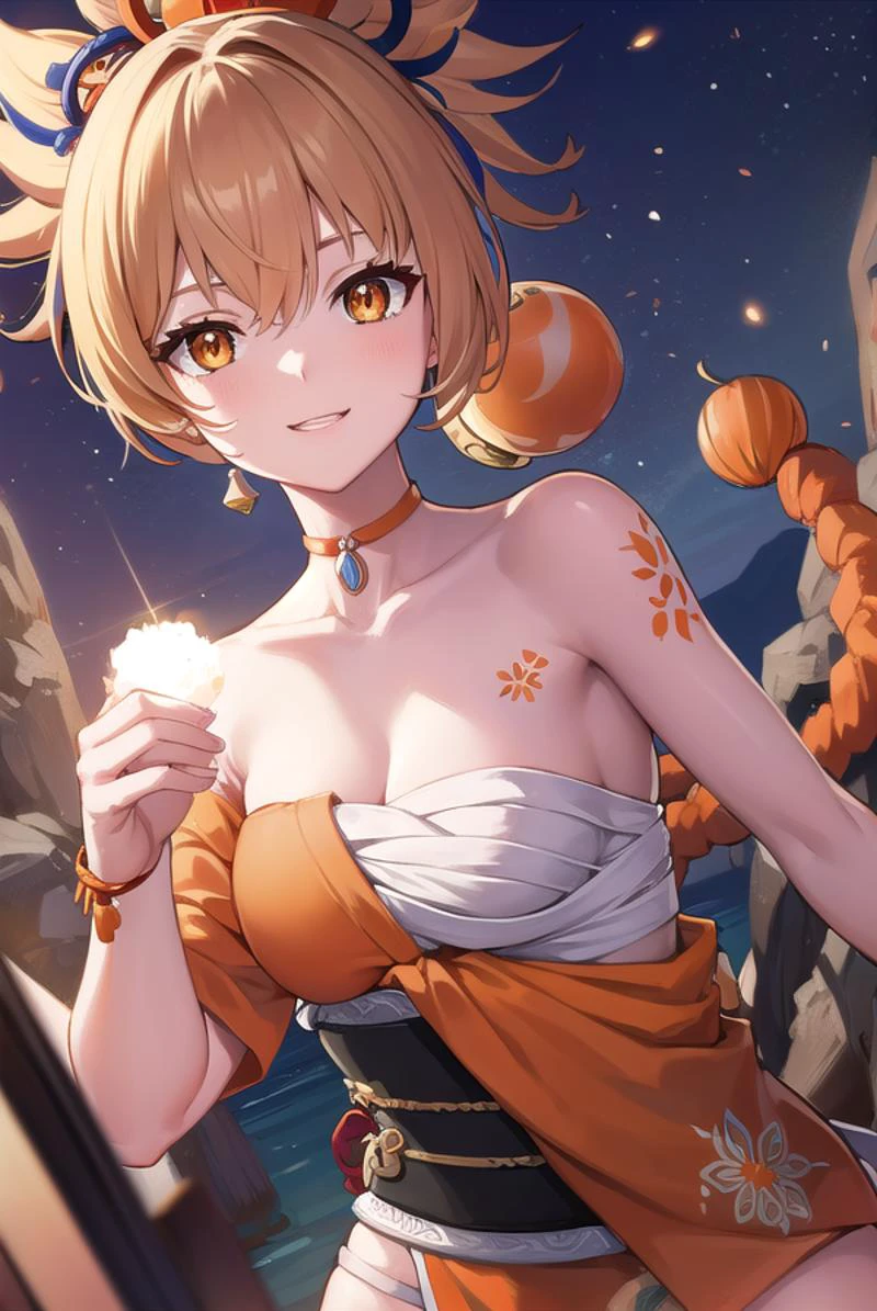 yoimiya, <lyco:yoimiya-lyco-nochekaiser:1>,
yoimiya, arm tattoo, choker, hair ornament, light brown hair, long hair, (orange eyes:1.5), red choker, sidelocks, <lora:talkmouth_E_v100:0.8>, open mouth, smile,
BREAK arm tattoo, bandaged arm, bandaged leg, bandages, bracelet, chest sarashi, chest tattoo, cleavage, collarbone, fingerless gloves, fish tattoo, gloves, hadanugi dousa, japanese clothes, jewelry, kimono, kinchaku, obi, orange kimono, rope, sarashi, sash, shimenawa, single fingerless glove, tattoo, vision (genshin impact), wide sleeves,
BREAK outdoors, night, fireworks, festival,
BREAK looking at viewer, (cowboy shot:1.5)
BREAK <lyco:GoodHands-beta2:1>, (masterpiece:1.2), best quality, high resolution, unity 8k wallpaper, (illustration:0.8), (beautiful detailed eyes:1.6), extremely detailed face, perfect lighting, extremely detailed CG, (perfect hands, perfect anatomy),