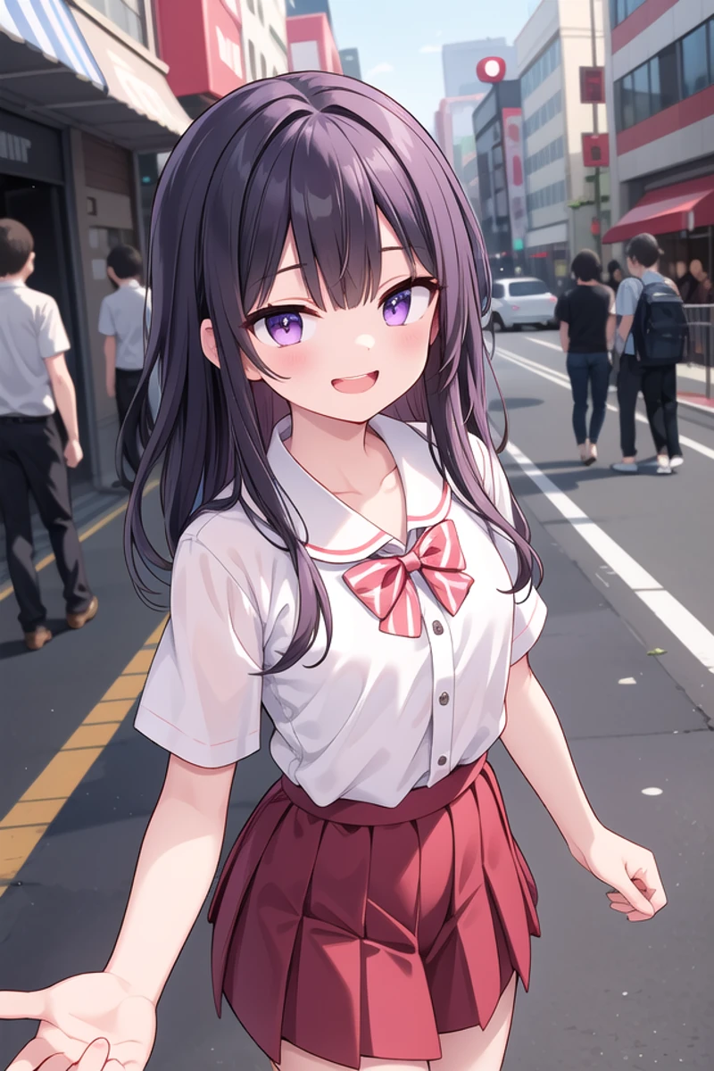 <lora:talkmouth_E_type1_v200:1>
insanely detailed, absurdres, ultra-highres, ultra-detailed, best quality,
1girl, solo, nice hands, perfect hands
BREAK
summer school uniform, (plain dark red skirt with many pleats:1.4), (striped red bowtie:1.3), short sleeves, white shirt, shirt with white button, shirt_tucked_in
BREAK
(breast pocket, vest, blazor, long sleeves, checked skirt, striped skirt, striped shirt, striped sleeves, bra visible through clothes, skirt with frill:-1)
BREAK
(nsfw:-1.5)
BREAK
smile, open mouth
BREAK
from above,
standing, cowboy shot, looking at viewer
BREAK
slender, kawaii, perfect symmetrical face, ultra cute girl, ultra cute face, ultra detailed eyes, ultra detailed hair, ultra cute, ultra beautiful
BREAK
in street, cityscape in harajuku, depth of field, ultra detailed background
BREAK
medium breasts
BREAK
purple hair, purple eyes, messy hair,