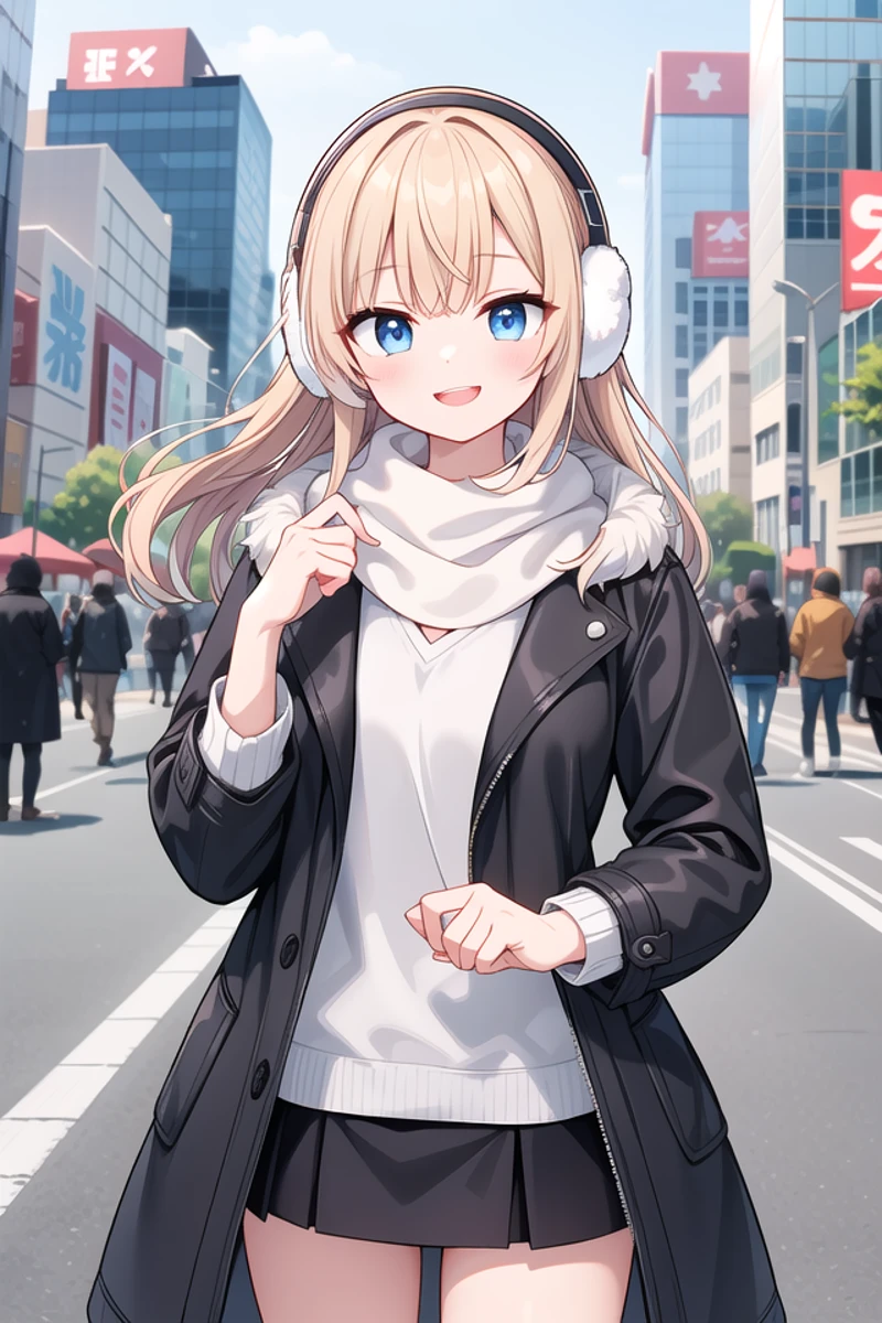 <lora:talkmouth_E_type1_v200:1>
insanely detailed, absurdres, ultra-highres, ultra-detailed, best quality,
1girl, solo, nice hands, perfect hands
BREAK
(wearing a black coat over a white tank top:1.3), (open coat:1.3), (tight leather black mini skirt:1.3), (floating scarf:1.2), (Nordic patterned winter scarf:1.3), ((Covers both ears with fluffy white fur, fluffy Earmuff):1.3), (heeled boots:1.2),
(See-through:-1), (white coat:-1), (black tank top:-1), (tank:-1), (navel:-1)
BREAK
(nsfw:-1.5)
BREAK
smile, open mouth
BREAK
(45 angle:-1.5), (from side:-1.5),
standing, cowboy shot, looking at viewer
BREAK
slender, kawaii, perfect symmetrical face, ultra cute girl, ultra cute face, ultra detailed eyes, ultra detailed hair, ultra cute, ultra beautiful
BREAK
in street, cityscape in akihabara, depth of field, ultra detailed background
BREAK
medium large breasts
BREAK
blonde hair, blue eyes, crochet braids,