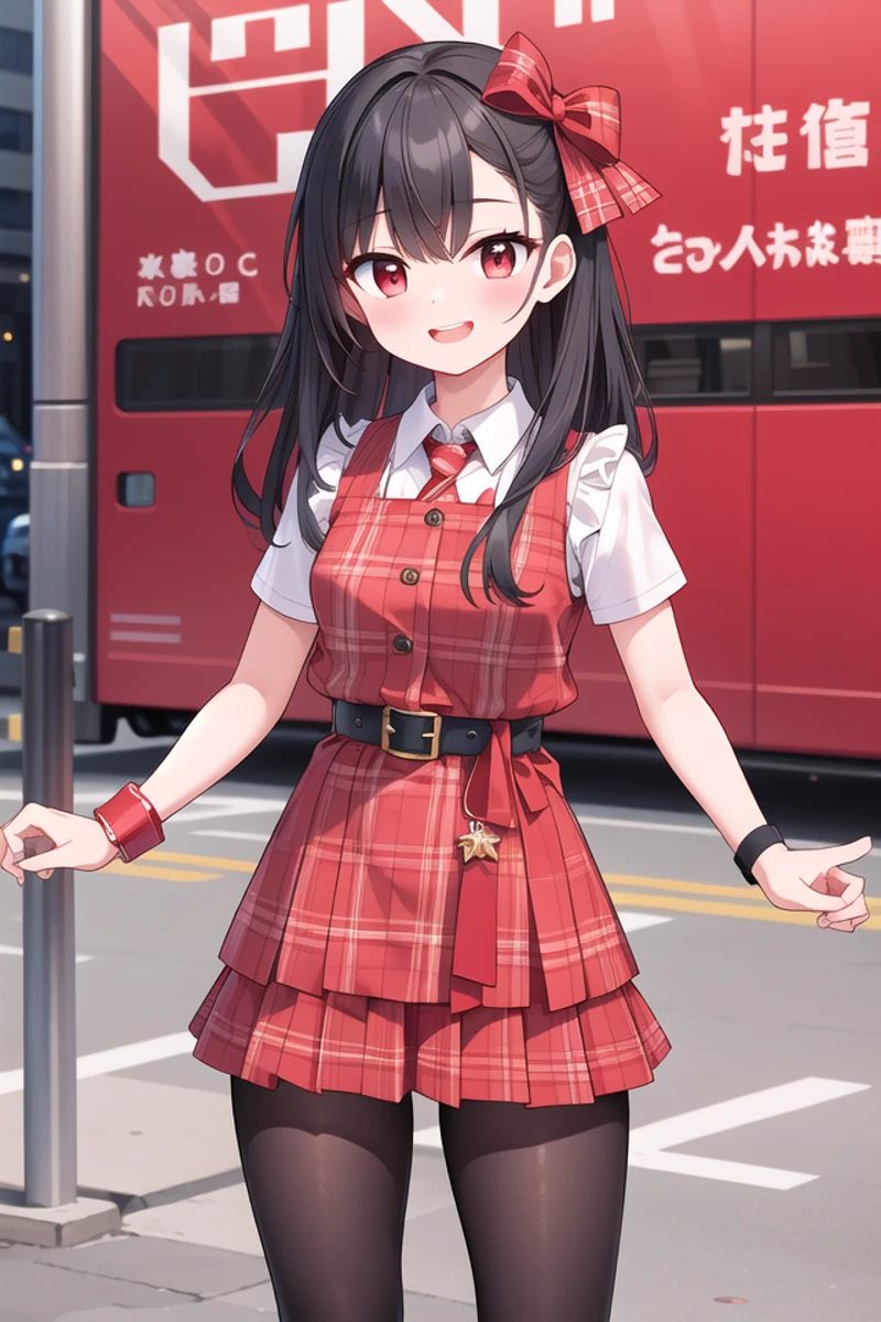 <lora:talkmouth_E_type1_v200:1>
insanely detailed, absurdres, ultra-highres, ultra-detailed, best quality,
1girl, solo, nice hands, perfect hands
BREAK
(Enchant:1.4), (red theme:1.5), ((red plaid pattern, tone on tone):1.4), (idol uniform:1.2), (fusion of sleeveless (red plaid pattern) vest and red sundress:1.4), (red tie:1.4), ((red plaid pattern) multi-layered skirt with ruffles:1.3), ((red:1.3) platform HIGH boots:1.1), (red plaid pattern ribbon on head:1.3)
BREAK
(short sleeve white collared-shirt dress layering:1.2), (black pantyhose:1.2), (belt:1.3), (wristband:1.3), (naked skin:-1), (black vest:-1), (white vest:-1), (black skirt:-1), (white skirt:-1), (cleavage:-1.5)
BREAK
smile, open mouth
BREAK
(45 angle:-1.5), (from side:-1.5),
standing, cowboy shot, looking at viewer
BREAK
slender, kawaii, perfect symmetrical face, ultra cute girl, ultra cute face, ultra detailed eyes, ultra detailed hair, ultra cute, ultra beautiful
BREAK
in schoolyard, depth of field, ultra detailed background
BREAK
medium large breasts
BREAK
black hair, red eyes, cornrows,
