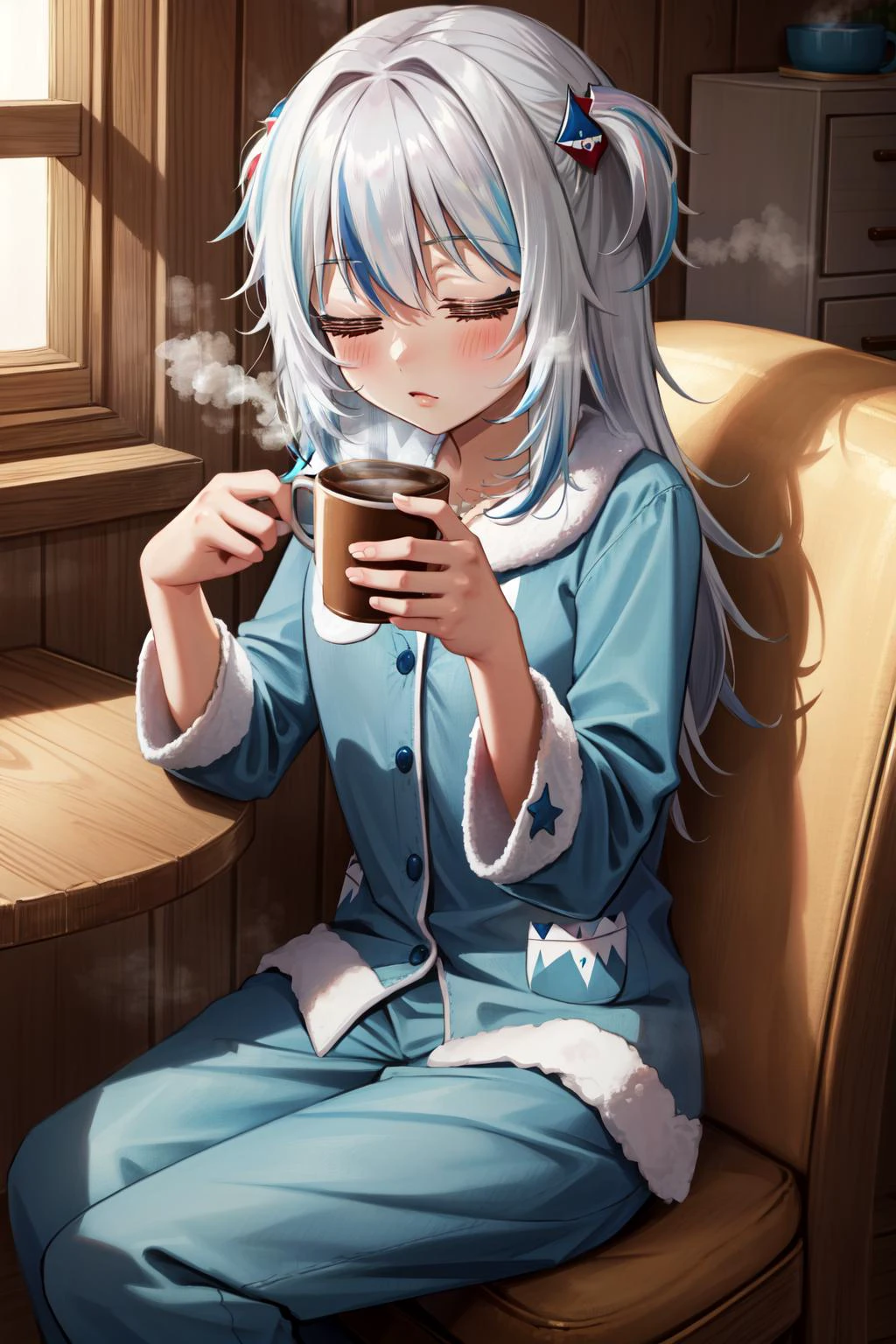 (masterpiece, best quality), intricate details,
1girl, <lora:gawr1-000006 (numeratic):0.8> gawrrnd,
<lora:hotarueye_comic3_v100:1> <lora:pajamas-10:0.8> blue pajamas , sitting at table, coffee cup, steaming coffee, sleepy,