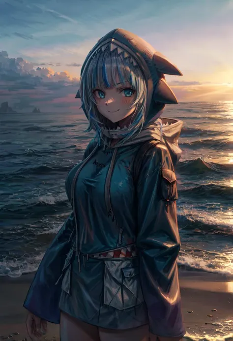 (volumetric lighting, Highres), (Detailed Illustration), Ultra-Detailed, 8k, nsfw, <lora:gawr1-000006:1.0>, gawrdef, blue hoodie, shark hood, hood up, animal hood, upper body, huge heavy breasts, smile, blush, outdoors, day, detailed background, blue sky, sky, busy beach resort, looking at viewer, surfboard, moody lighting, facing viewer, <lora:add_detail:.8> <lora:hairdetailer:0.6> <lora:HeavyB:0.8>