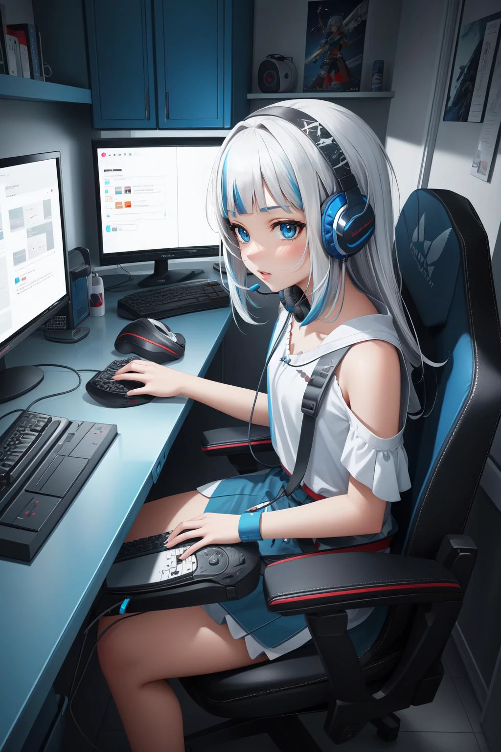 (masterpiece, best quality), intricate details,
1girl, <lora:gawr1-000006 (numeratic):0.8> gawrrnd, gawr gura, gawrdef,
<lora:ARWgameroomconcept:0.8> gameroomconcept, gamer chair, computer, monitors, keyboard, gaming headphones, headset, computer case,