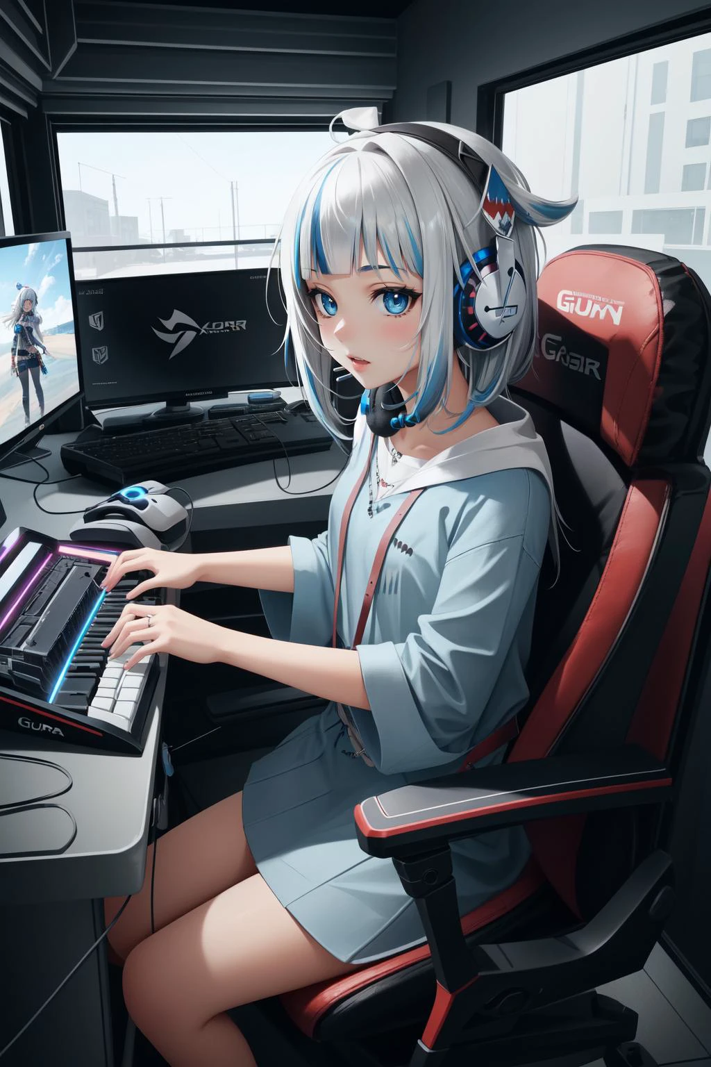 (masterpiece, best quality), intricate details,
1girl, <lora:gawr1-000006 (numeratic):0.8> gawrrnd, gawr gura, gawrdef,
<lora:ARWgameroomconcept:0.8> gameroomconcept, gamer chair, computer, monitors, keyboard, gaming headphones, headset, computer case,