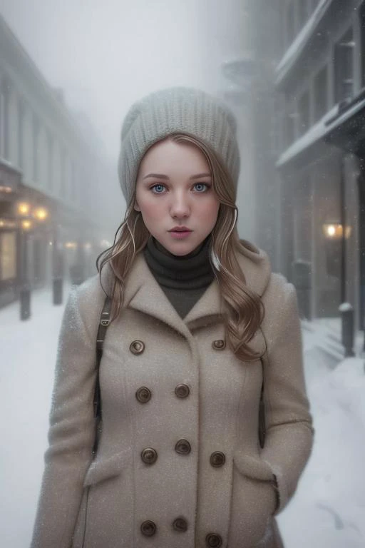 professional portrait photograph of tinaivlev in winter clothing with short hair, freckles, beautiful symmetrical face, cute natural makeup, wearing elegant winter fashion clothing, ((standing outside in snowy city street)), stunning modern urban upscale environment, ultra realistic, concept art, elegant, highly detailed, intricate, sharp focus, depth of field, f/1. 8, 85mm, medium shot, mid shot, (centered image composition), (professionally color graded), ((bright soft diffused light)), volumetric fog, trending on instagram, trending on tumblr, hdr 4k, 8k