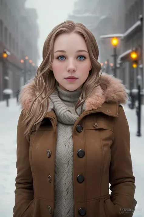 professional portrait photograph of tinaivlev in winter clothing with short hair, freckles, beautiful symmetrical face, cute natural makeup, wearing elegant winter fashion clothing, ((standing outside in snowy city street)), stunning modern urban upscale environment, ultra realistic, concept art, elegant, highly detailed, intricate, sharp focus, depth of field, f/1. 8, 85mm, medium shot, mid shot, (centered image composition), (professionally color graded), ((bright soft diffused light)), volumetric fog, trending on instagram, trending on tumblr, hdr 4k, 8k