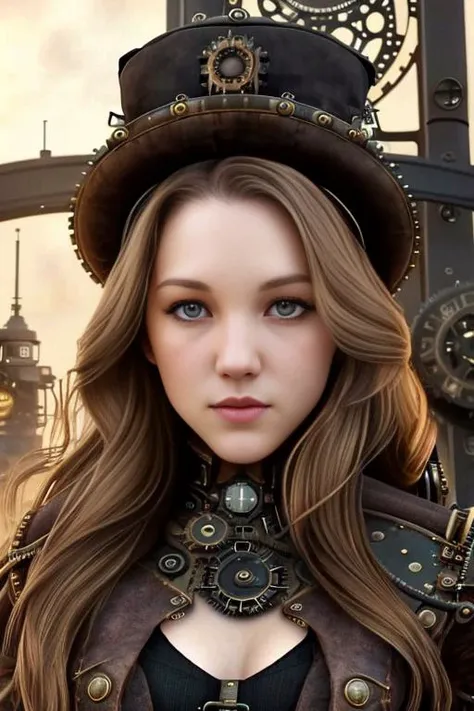 photo of tinaivlev , (front to camera), detailed european face, (aspiring facial expression), (((steampunk style close))), ((steampunk city on the background)), RAW, analog style, ultra detailed photograph, cinematic lighting, artstation, 4k, sharp focus, high resolution, detailed skin, detailed eyes