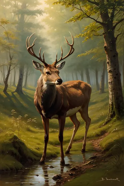 a painting of a stag by Bnhr, no humans, deer, nature, grass, tree, outdoors, forest, animal focus, antlers, <lora:bonheur_resize:0.8>