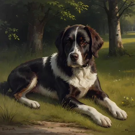 a painting of a dog by Bnhr, no humans, signature, animal focus, grass, outdoors,<lora:bonheur_resize:0.8>