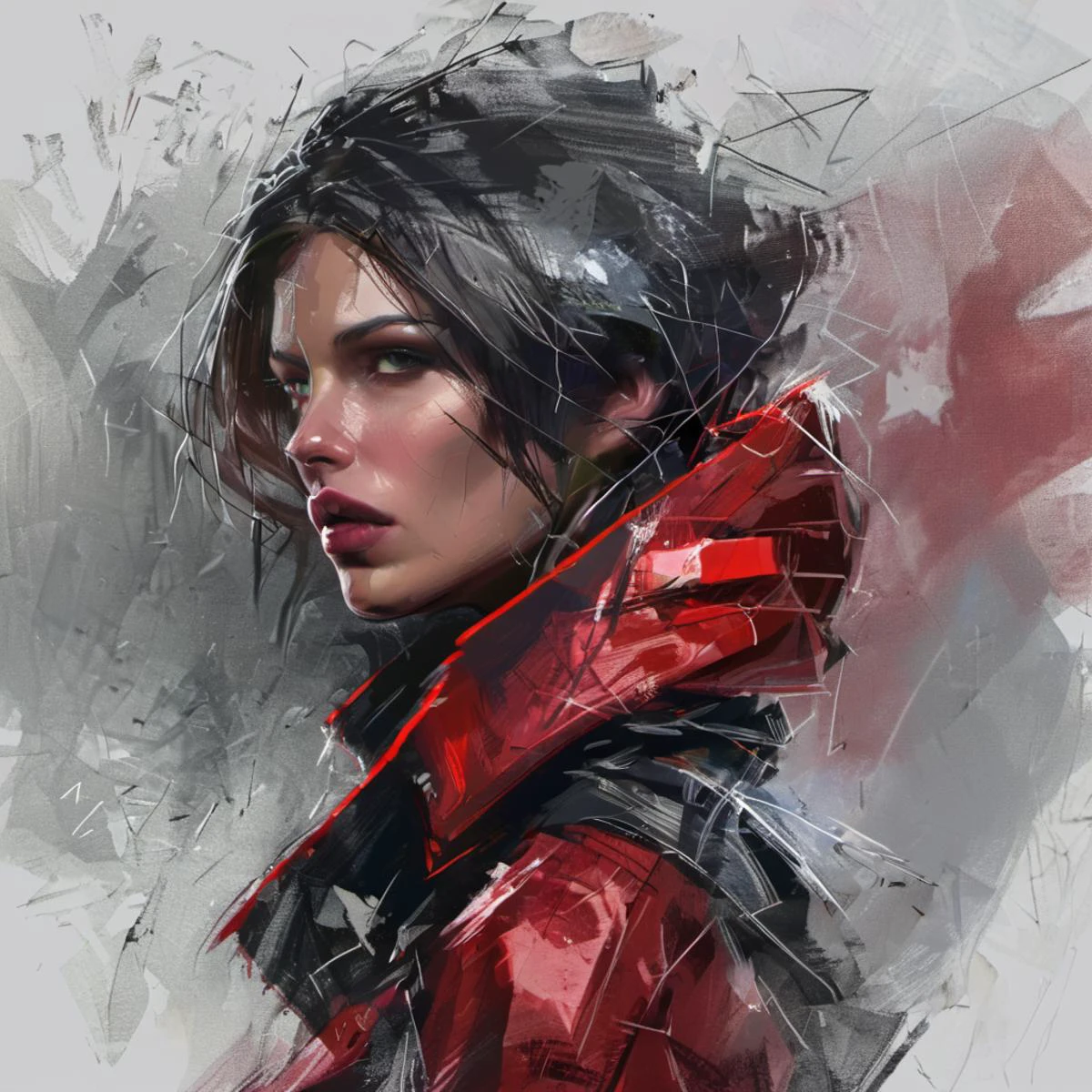 woman blood fangs portrait profile rain fog moon bats tree lightning shiny leather cape hair <lora:rough color sketch style:1>