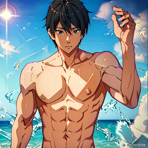 <lora:harukananase:1>, (1girl), blonde hair, glowing blue eyes, black hair, nanase_haruka \(free!\) a shirtless man standing in the water, holding a swimming goggles, abs (Masterpiece:1.2), best quality, (illustration:1.2), (ultra-detailed), hyper details, (delicate detailed), (intricate details), (cinematic light, best quality Backlights), clear line, solo female, perfect body, ocean background , ((makeup)), high contrast, (best illumination, an extremely delicate and beautiful), ((cinematic light)), colorful