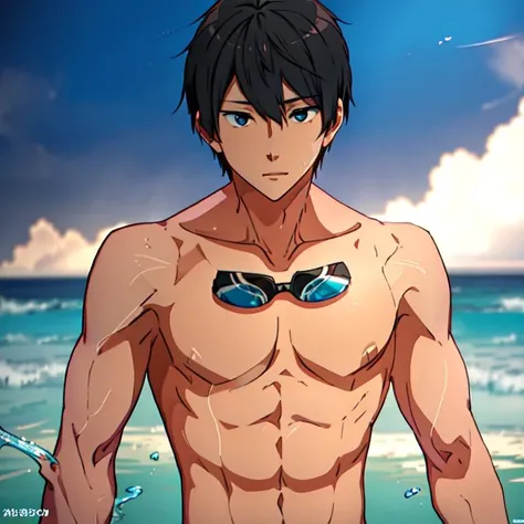 <lora:harukananase:1>, (1girl), blonde hair, glowing blue eyes, black hair, nanase_haruka \(free!\) a shirtless man standing in the water, holding a swimming goggles, abs (Masterpiece:1.2), best quality, (illustration:1.2), (ultra-detailed), hyper details, (delicate detailed), (intricate details), (cinematic light, best quality Backlights), clear line, solo female, perfect body, ocean background , ((makeup)), high contrast, (best illumination, an extremely delicate and beautiful), ((cinematic light)), colorful
