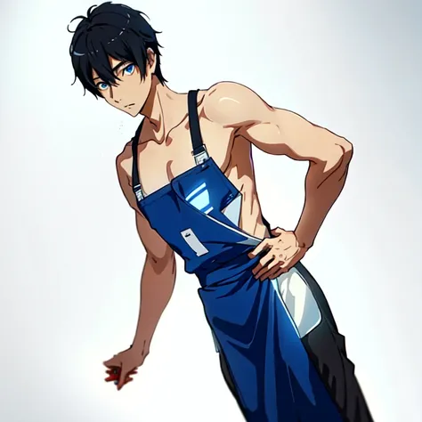 <lora:harukananase:0.7>, (1boy), glowing blue eyes, black hair, nanase_haruka \(free!\) a man in a blue cookingz_apron standing with his hands on his hips, (Masterpiece:1.2), best quality, (illustration:1.2), (ultra-detailed), hyper details, (delicate detailed), (intricate details), (cinematic light, best quality Backlights), clear line, solo male, perfect body, kitchen background , ((makeup)), high contrast, (best illumination, an extremely delicate and beautiful), ((cinematic light)), colorful