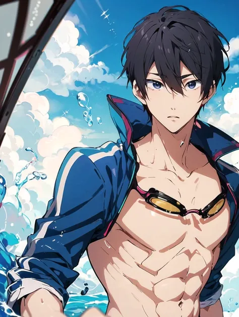 nanase_haruka (Free!) A man in sezy_bathsuit, swimming goggles, shirtless, abs <lora:harukaNanaseFreeLora_v1:0.6>