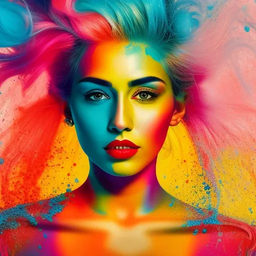 award winning half body portrait of sks woman in a croptop and cargo pants with ombre navy blue teal hairstyle with head in motion and hair flying, paint splashes, splatter, outrun, vaporware, shaded flat illustration, digital art, trending on artstation, highly detailed, fine detail, intricate
