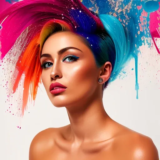 award winning half body portrait of sks woman in a croptop and cargo pants with ombre navy blue teal hairstyle with head in motion and hair flying, paint splashes, splatter, outrun, vaporware, shaded flat illustration, digital art, trending on artstation, highly detailed, fine detail, intricate