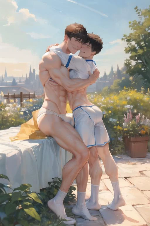 (2boys hugging:1.3), handsome, smiling, thin, muscle, topless, thong, sports, shorts, white socks, outside, garden, morning, sunny, full body, Perfect body, naughty look, health skin, short hair, <lora:Muscular-10:0.5>, panty bulge <lora:pantybulge_v10:0.5>, sweating, oilskin
ultra high res, detailed background