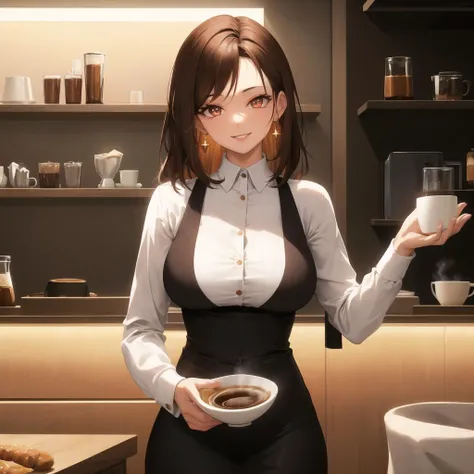 ((masterpiece)), (best quality), ((highres)), 4K, Detailed, Ambient Light, Digital Art, Soft Lighting, light rays, extremely detailed 8K wallpaper
BREAK
indoors, coffee, coffee machine, 1woman, (milf, 20 years old:1.1), angular face, short coffee brown hair, medium breasts, brightly glowing coffee brown gem like eyes, smile, slight lipstick, waitress outfit, making a cup of coffee