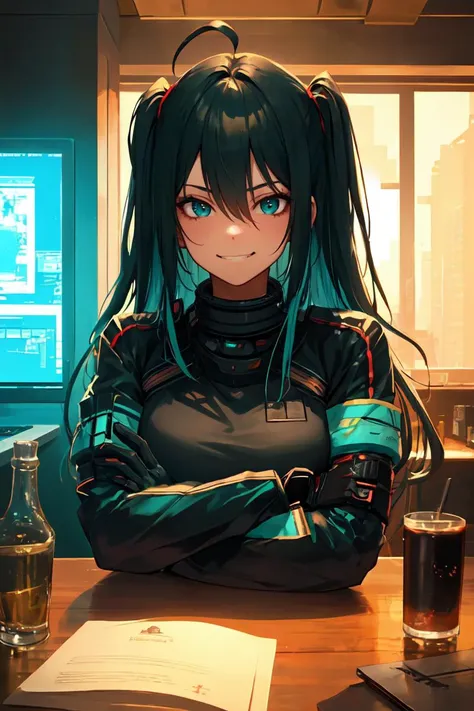 ((masterpiece)), (best quality), ((highres)), 4K, Detailed, (Ambient Light, Digital Art, Soft Lighting, extremely detailed 8K wallpaper:1.2), BREAK 1girl, solo, teal eyes, long hair, black hair with teal streaks, ahoge, two side up, medium breasts, cyberpunk scenery, black jacket, teal shirt, night, looking at viewer, hair between eyes, belts, tactical gloves, evil grin, futuristic, technology, dystopian, bar, chair, sitting, upper body, window, city, reflections, crossed arms, monitor