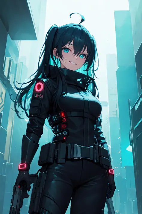 ((masterpiece)), (best quality), ((highres)), 4K, Detailed, (Ambient Light, Digital Art, Soft Lighting, extremely detailed 8K wallpaper:1.2), BREAK 1girl, solo, teal eyes, long hair, black hair with teal streaks, ahoge, two side up, medium breasts, cyberpunk scenery, black coat, black pants, teal shirt, night, looking at viewer, hair between eyes, rtx, neon light, exoskeleton, belts, tactical gloves, grin, handgun, futuristic
