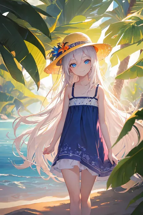 ((masterpiece)), (best quality), ((highres)), 4K, Detailed, (Ambient Light, Digital Art, Soft Lighting, light rays, extremely detailed 8K wallpaper:1.2), BREAK whole body shot, tropical island, Hawaii, 1girl, (pale skin:1.1), white hair, absurdly long hair, hair between eyes flat chest, brightly glowing sapphire blue eyes, smile, tourist clothes, large Hawaii tourist hat