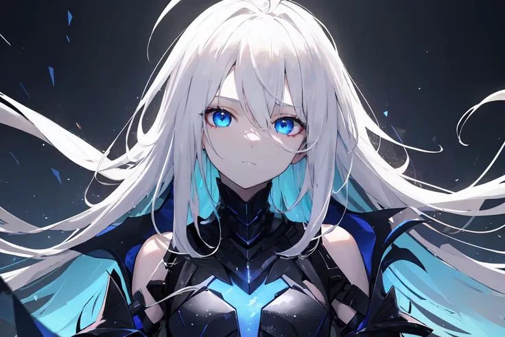 ((masterpiece)), (best quality), ((highres)), 4K, Detailed, (Digital Art, extremely detailed 8K wallpaper:1.2), BREAK 1girl, solo, (pale skin:1.1), white hair, ahoge, (absurdly long hair:1.2), hair between eyes, flat chest, brightly glowing sapphire blue eyes, black knight, dark magic, dark energy, armored, black cloak, expressionless, cold attitude, eerie, dark, exoskeleton, glow, dynamic pose, blue trim, bare shoulders, blue corruption
