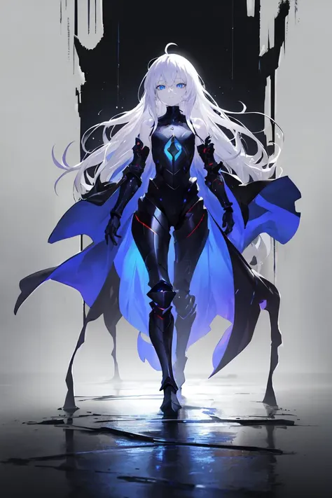 ((masterpiece)), (best quality), ((highres)), 4K, Detailed, (Digital Art, extremely detailed 8K wallpaper:1.2), BREAK 1girl, solo, (pale skin:1.1), white hair, ahoge, (absurdly long hair:1.2), hair between eyes, flat chest, brightly glowing sapphire blue eyes, dark magic, dark energy, armored, black cloak, expressionless, cold attitude, eerie, dark, exoskeleton, glow, dynamic pose, blue trim, blue corruption, bare shoulders, (rigging:1.4), grey background, full body, ground shatter