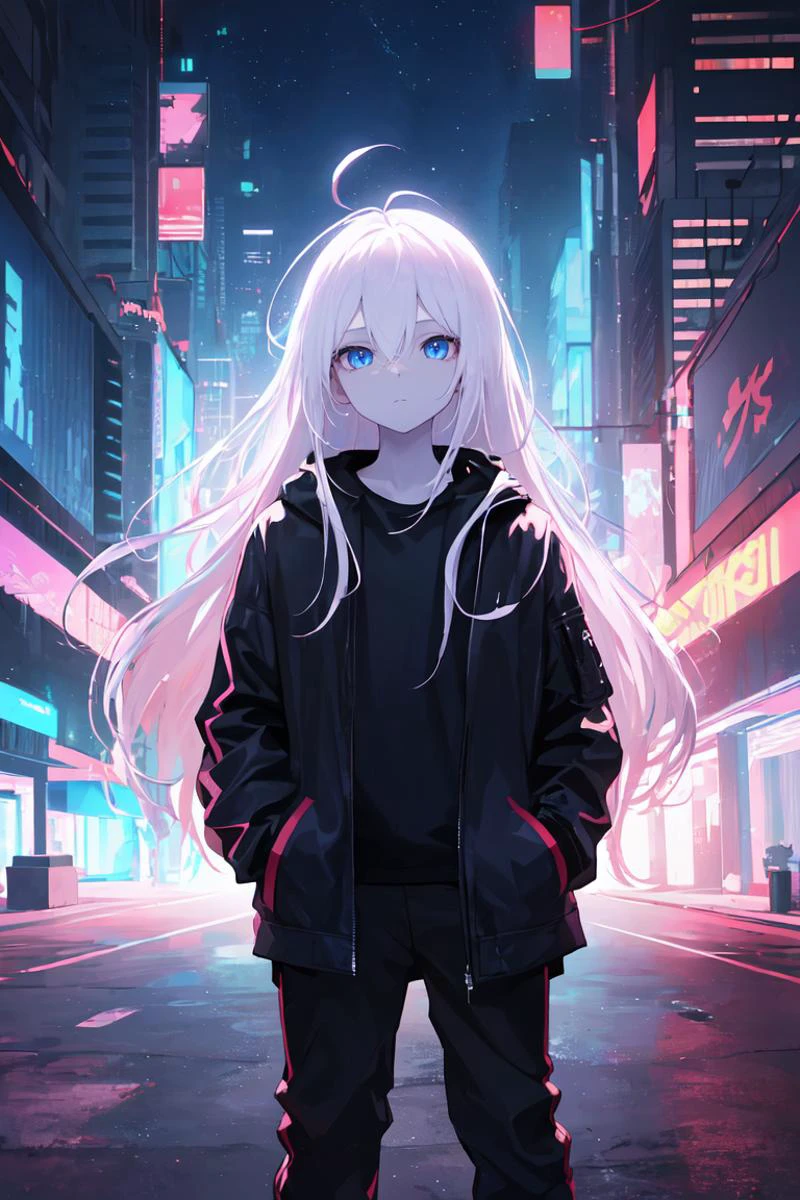 ((masterpiece)), (best quality), ((highres)), 4K, Detailed, (Ambient Light, Digital Art, Soft Lighting, extremely detailed 8K wallpaper:1.2), BREAK 1girl, solo, pale skin, blue eyes, white hair, ahoge, (absurdly long hair:1.1), flat chest, cyberpunk scenery, jacket, pants, shirt, night, hand in pocket, looking at viewer, hair between eyes, expressionless, rtx, neon light