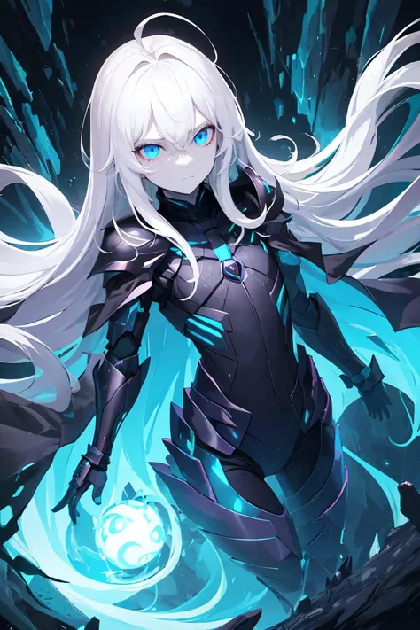 ((masterpiece)), (best quality), ((highres)), 4K, Detailed, (Digital Art, extremely detailed 8K wallpaper:1.2), BREAK 1girl, (pale skin:1.1), white hair, ahoge, (absurdly long hair:1.2), hair between eyes, flat chest, brightly glowing sapphire blue eyes, black knight, dark magic, dark energy, armored, black cloak, expressionless, cold attitude, eerie, dark, poster, exoskeleton, bodysuit, glow
