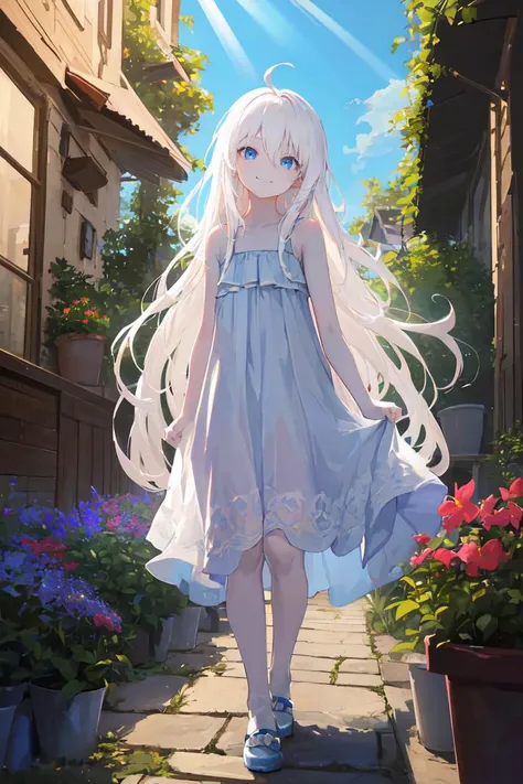((masterpiece)), (best quality), ((highres)), 4K, Detailed, (Ambient Light, Digital Art, Soft Lighting, light rays, extremely detailed 8K wallpaper:1.2), BREAK 1girl, (pale skin:1.1), white hair, ahoge, (absurdly long hair:1.4), hair between eyes, flat chest, brightly glowing sapphire blue eyes, flowers, garden, house, flower pots, blue sky, white and blue dress, road, walking, sleeveless, (smile:1.1)