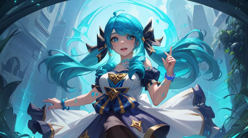(masterpiece, best quality:1.2), <lora:gwen-000037:0.8> gwen \(league of legends\), one girl, blue hair, smiling at viewer