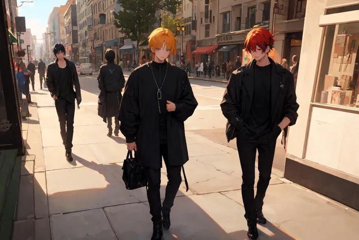 masterpiece, high quality, semi-realistic, 2boys, baggy clothes, forehead, multicolored hair, gothic style, busy street, soft shadows,