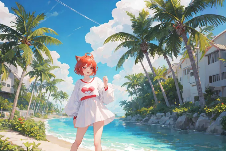 masterpiece, high quality, semi-realistic,1girl, ((solo)), short hair, red hair, ahoge, red eyes, cat ears, cheerful, in the water, standing, baggy white shirt, bikini bottoms, beach, palm trees,