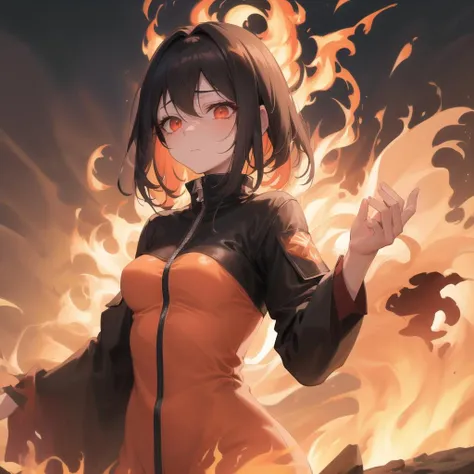 ((masterpiece)), (best quality), ((highres)), original, extremely detailed 8K wallpaper, a young maiden, no older than 19, hair as black as ash on the outside, yet glowing like burning embers on the inside, (a scared expression rests on her face), ((as her body turns into flames)), (tears of hot magma pool at her eyes), that burn the ground beneath her,