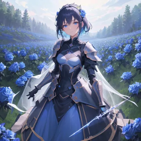 ((masterpiece)), (best quality), ((highres)), original, extremely detailed 8K wallpaper, (((field of glowing blue roses, field of blades, night time))), 1girl, short blue hair, medium breasts, lightly glowing cyan eyes, small smile, low weight armour, sword and shield