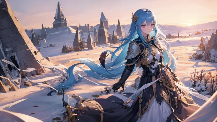 In the frozen wasteland of a once-bustling battlefield, a girl stood motionless amidst the eerie silence. She was encased in ice, frozen in time, but her armor and sword were a testament to the ferocious battle that had taken place around her.
The girl was of around 20 years old, with sapphire blue hair and eyes that glimmered in the sunlight that barely made it through the heavy clouds. She was covered in blood, her sword tainted red from the blood she had spilled.
Around her lay a pile of bodies, frozen in their last moments of agony and despair. The frozen ground was littered with weapons of all kinds, from swords, maces, axes, and even bows. They had been plunged into the ground, as if the earth itself had rejected the violence that had taken place above it.
The girl stood in the center of it all, a solitary figure amidst the frozen chaos. Her armor was battered and torn, but it still shone brilliantly in the dim light. Her sword was clutched tightly in her hand, as if she was ready to strike down any who dared to approach.
For years, the girl stood frozen in her icy tomb, her eyes staring blankly ahead, as if lost in some distant memory. Time passed, and the world changed around her, but she remained frozen in place, a haunting reminder of the brutality of war.
But even as the world changed, the girl remained unchanged. Her armor and sword did not rust, her hair did not grow, and her eyes did not close. She was frozen in time, a living statue, a symbol of the endless cycle of violence that plagued the world.
And so, she remained, a silent sentinel in the frozen wasteland, surrounded by the bodies of those who had fallen in battle. The world may have forgotten her, but she remained, frozen in time, a witness to the endless cycle of war and death that continued to ravage the land.