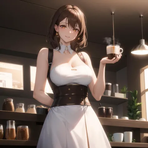 ((masterpiece)), (best quality), ((highres)), 4K, Detailed, Ambient Light, Digital Art, Soft Lighting, light rays, extremely detailed 8K wallpaper
BREAK
indoors, coffee, coffee machine, 1woman, (milf, 20 years old:1.1), angular face, short coffee brown hair, medium breasts, brightly glowing coffee brown gem like eyes, smile, slight lipstick, waitress outfit, making a cup of coffee