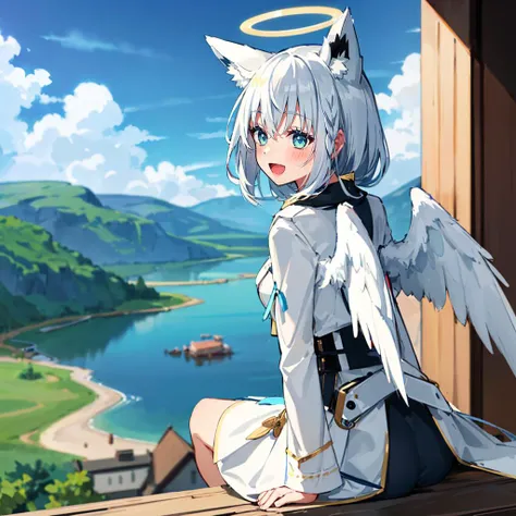castle, tower, wizard tower, fantasy, floating island, clouds, lake, laputa, cliff, aura BREAK 1girl, solo, cowboy shot, from behind, looking back, sitting, fubukidefault, armored dress, white dress, (golden emblem, angel wings, feathered wings, halo, gold trim), white hair, single side braid, fox tail, :D<lora:shirakami_fubuki_8_outfits:1> <lora:back_wings:1>