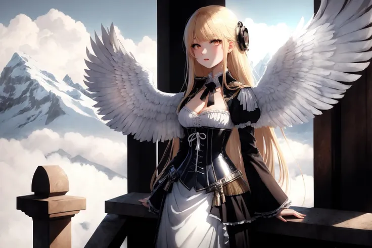 anime, extremely detailed, volumetric lighting,  8k wallpaper, best quality, ultra-detailed, best illustration, detailed shadows, tracing, realistic, colorful, intense shadows, detailed face, 4k, highres, absurdres, light particles, sunlight, 4k wallpaper, backlighting, ((very wide shot)), 1girl, long hair, blonde hair, (full body:1.2), <lora:backWings_locon:0.4>, wings, (feathered wings), corset, white dress,  looking at viewer, detailed eyes, eyeshadow, (small breasts:1.25), blush, mountain background