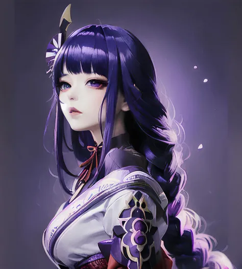 RaidenShogun, detailed clothes, white clothes, blunt bangs, braid, (breasts:1.1), cleavage, wide-sleeved kimono, hair ornament, white japanese clothes, (red obi:1.4), (purple hair:1.4), very long hair, straight hair, detailed face, cool face, (smooth chin:0.85), closed mouth, long eyelashes, looking at viewer, beautiful eyes, ((detailed eyes)), thick eyebrows, (red eyeshadow:1.2), symmetry eyes, (ulzzang-6500:0.7), skirt, (from below:1.5), (purple background:1.4), (from side:1.2), (star \(sky\):1.3), photon mapping, physically-based rendering, RAW photo, highly detailed background, high res, perspective,