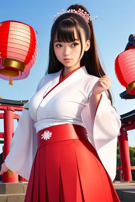 1girl (miko clothes, white sleeves, long scarlet skirt,many head accessories:1.5) (cute,solemn,bare face,big eyes:1.4) straight hear, black hair, long hair, ponytail, cowboy shot BREAK (dancing in shrine, in night, japanese paper lanterns in background :1.4) BREAK japanese, japanese idol, black eyes, (best quality, ultra high res, Realistic, RAW photo, real person, portrait photography, photorealistic, detailed skin, fair skin, beautiful detailed eyes) <lora:MikoClothes_v2_1:0.5>