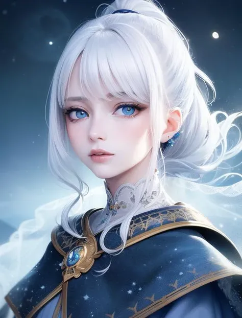 masterpiece, (best quality:1.2), (ultra-detailed:1.2), illustration, (an extremely delicate and beautiful:1.2),cinematic angle,floating, (beautiful detailed eyes:1.1), (detailed light:1.1),cinematic lighting, beautifully detailed sky, women, white hair, blue eyes, (high ponytail:1.1), cloak, glowing eyes, (moon:1.2), (moonlight:1.1), starry sky, (lighting particle:1.1), fog, snow painting, sketch, bloo