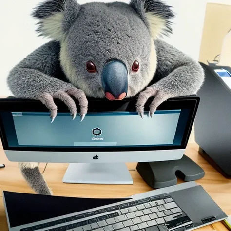 a koala typing on a keyboard at a computer desk in the stock market